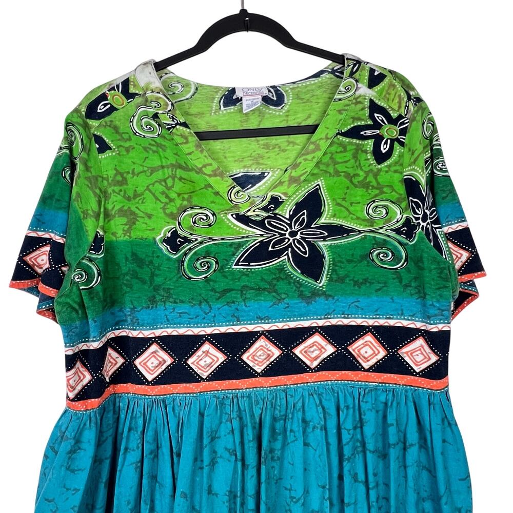 Only Necessities Maxi Dress Women's Blue Green Boho Mumu Cotton Dress 1X - Picture 4 of 11